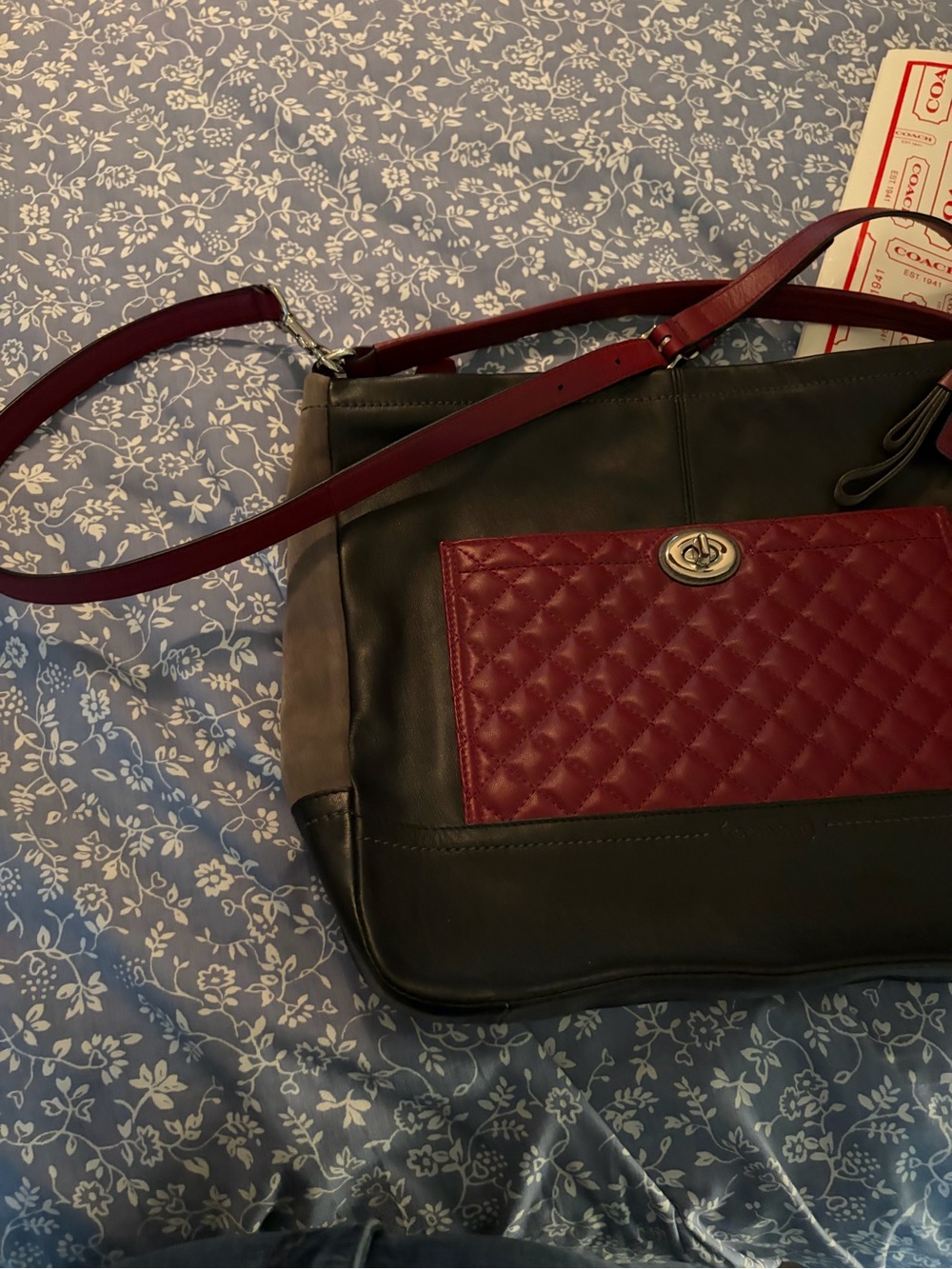 Coach NWOT Black and Burgundy Quilted Leather Shoulder Bag